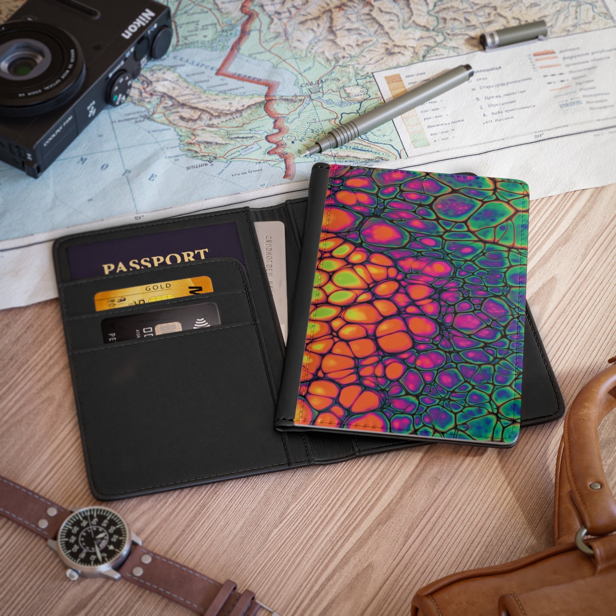 Bespattered Facade Neon Butterfly Vegan Leather Passport Cover