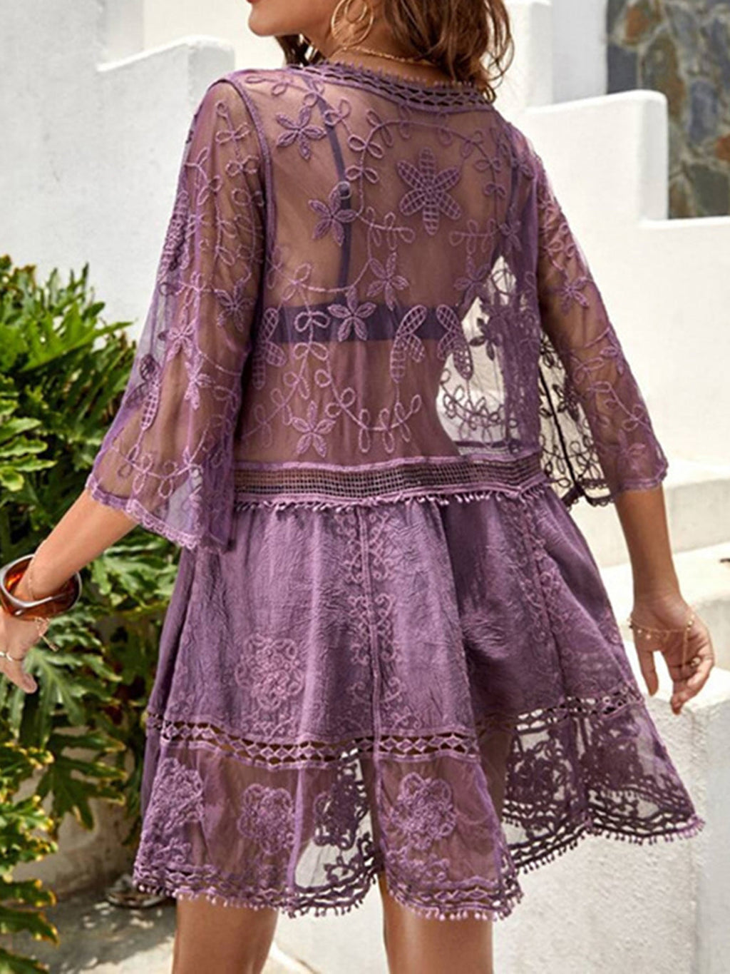 Semi-Sheer Lace Detail Beach Cover-Up Dress