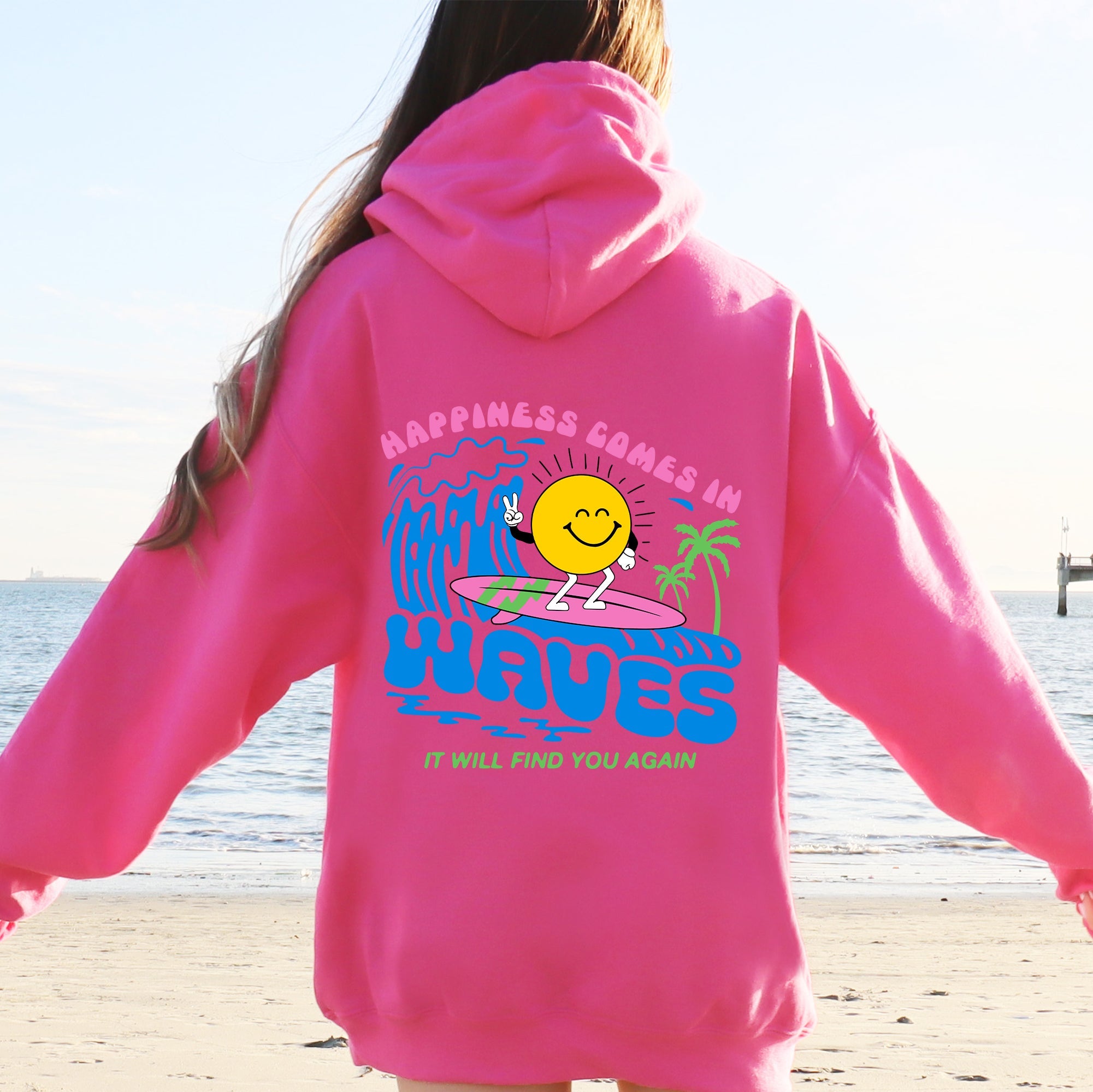 Happiness Comes In Waves, Retro, Beach, Fun, Sun Hoodie
