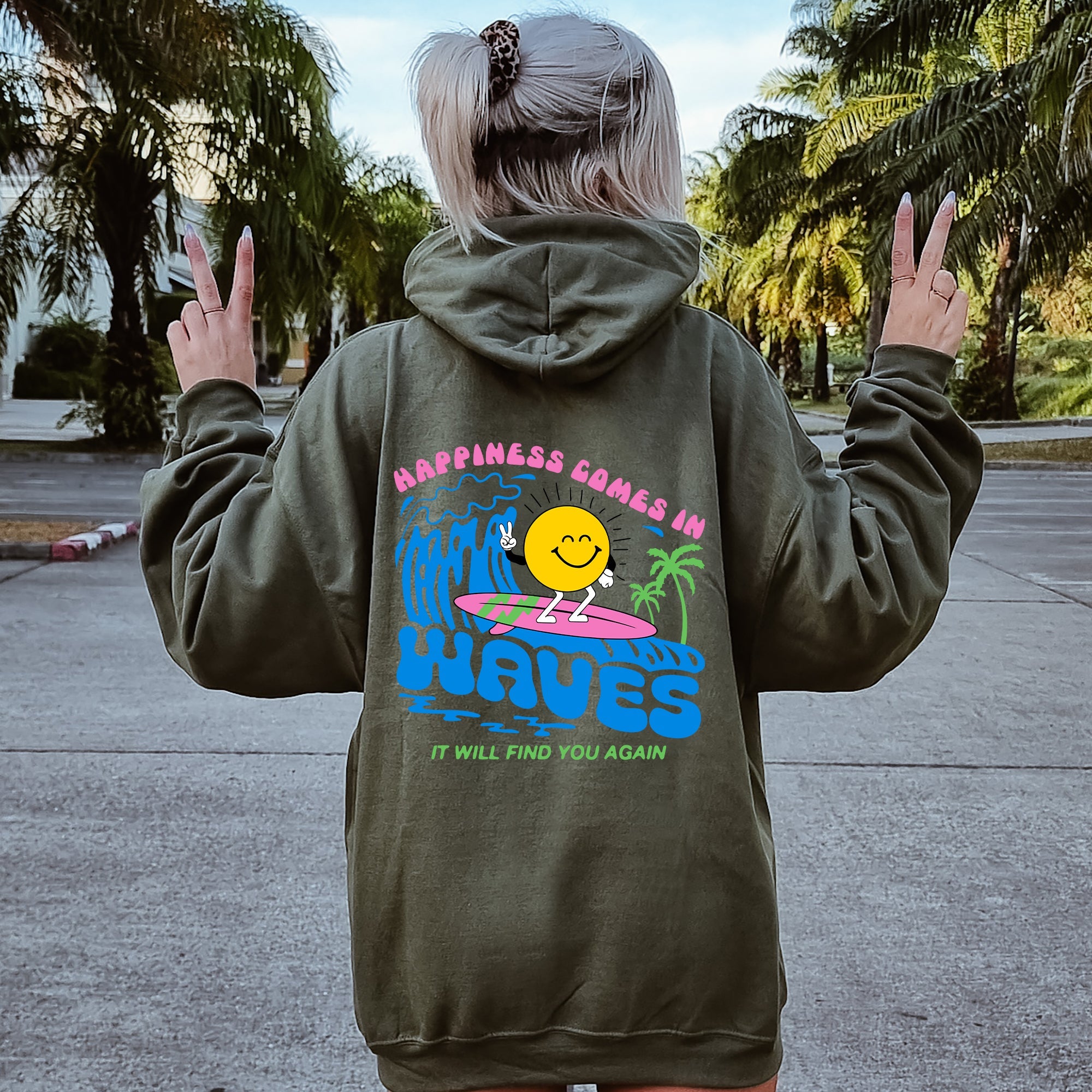 Happiness Comes In Waves, Retro, Beach, Fun, Sun Hoodie