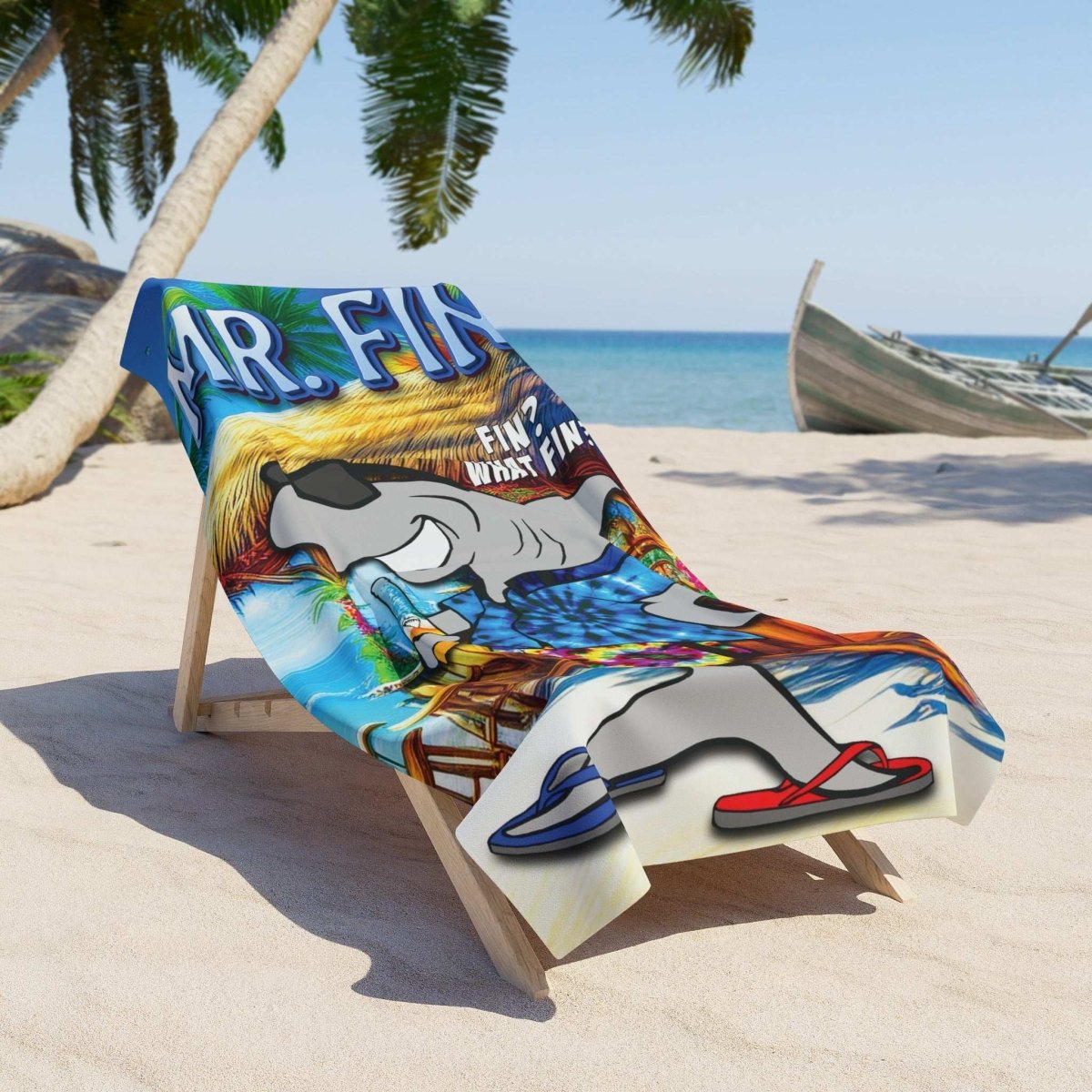 Funny Beach Towel 🦈  Mr. Fin Land Shark Tiki Bar