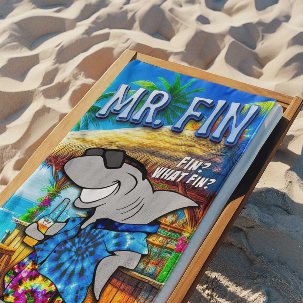 Funny Beach Towel 🦈  Mr. Fin Land Shark Tiki Bar