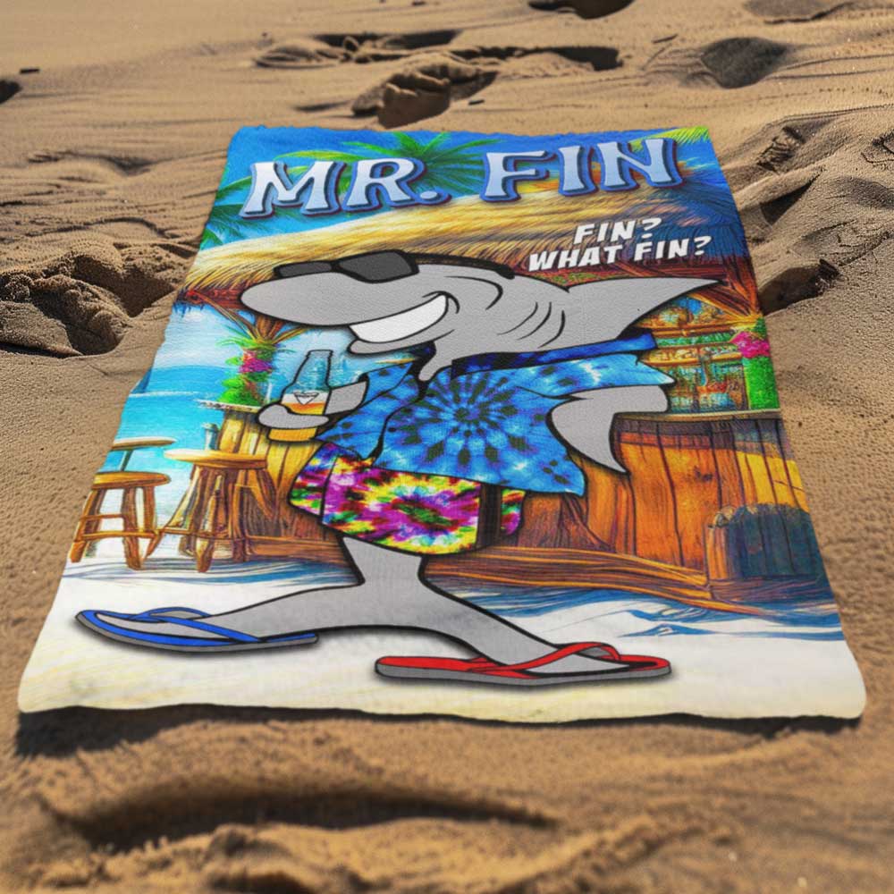 Funny Beach Towel 🦈  Mr. Fin Land Shark Tiki Bar