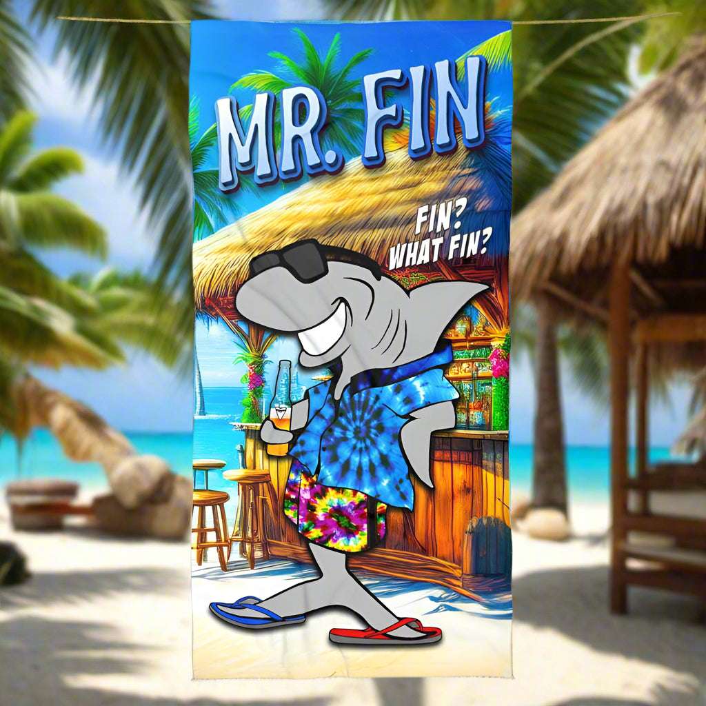Funny Beach Towel 🦈  Mr. Fin Land Shark Tiki Bar