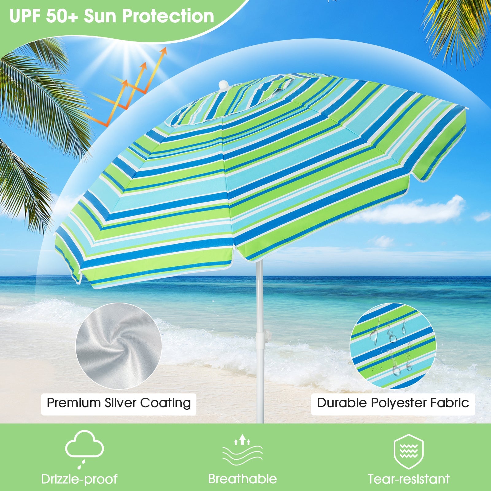 6.5 Feet Patio Beach Umbrella with Waterproof Polyester Fabric