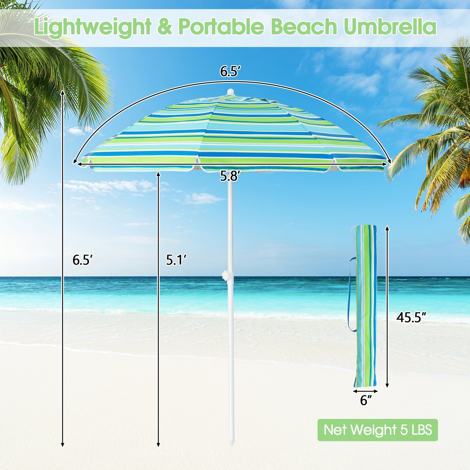 6.5 Feet Patio Beach Umbrella with Waterproof Polyester Fabric