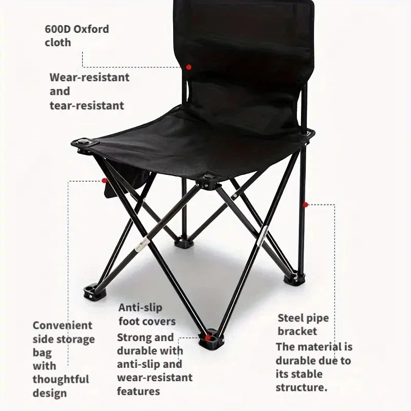 Foldable Outdoor Camping Chair with Side Pocket - Portable Oxford Cloth Beach & Fishing Chair