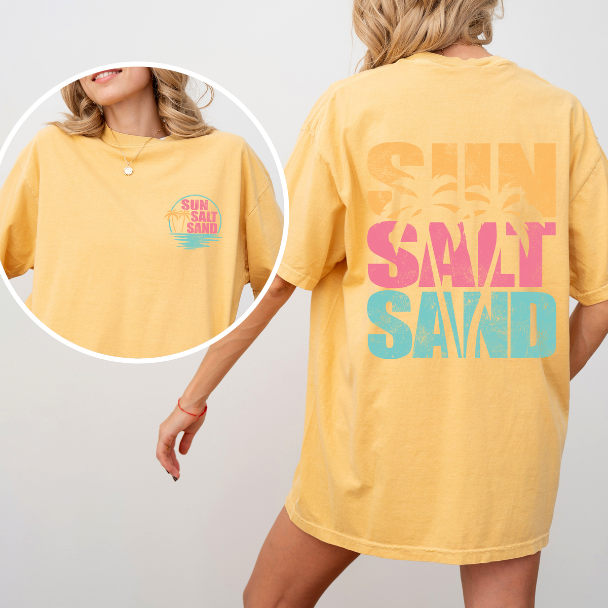 Sun Salt Sand, Palm Trees, Beach, Summer, Front and Back, Comfort Colors T-Shirt