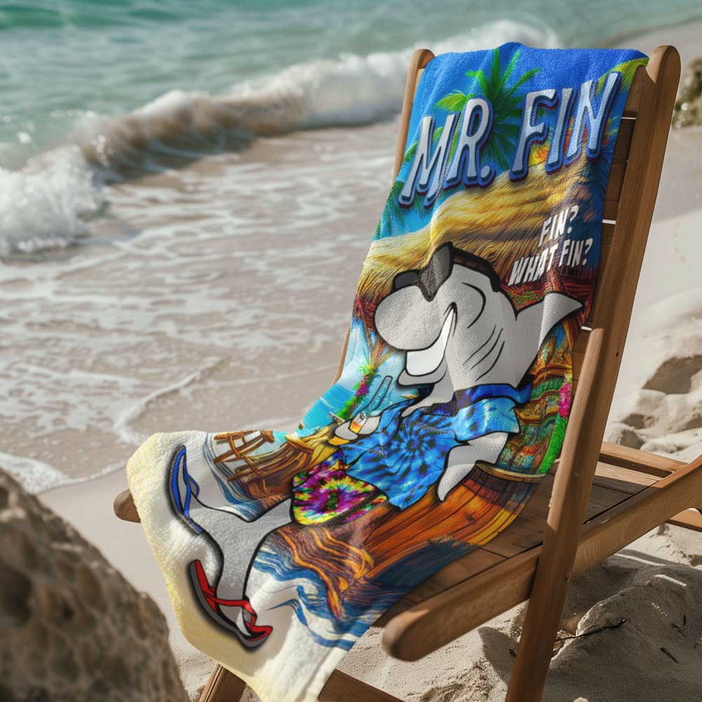 Funny Beach Towel 🦈  Mr. Fin Land Shark Tiki Bar