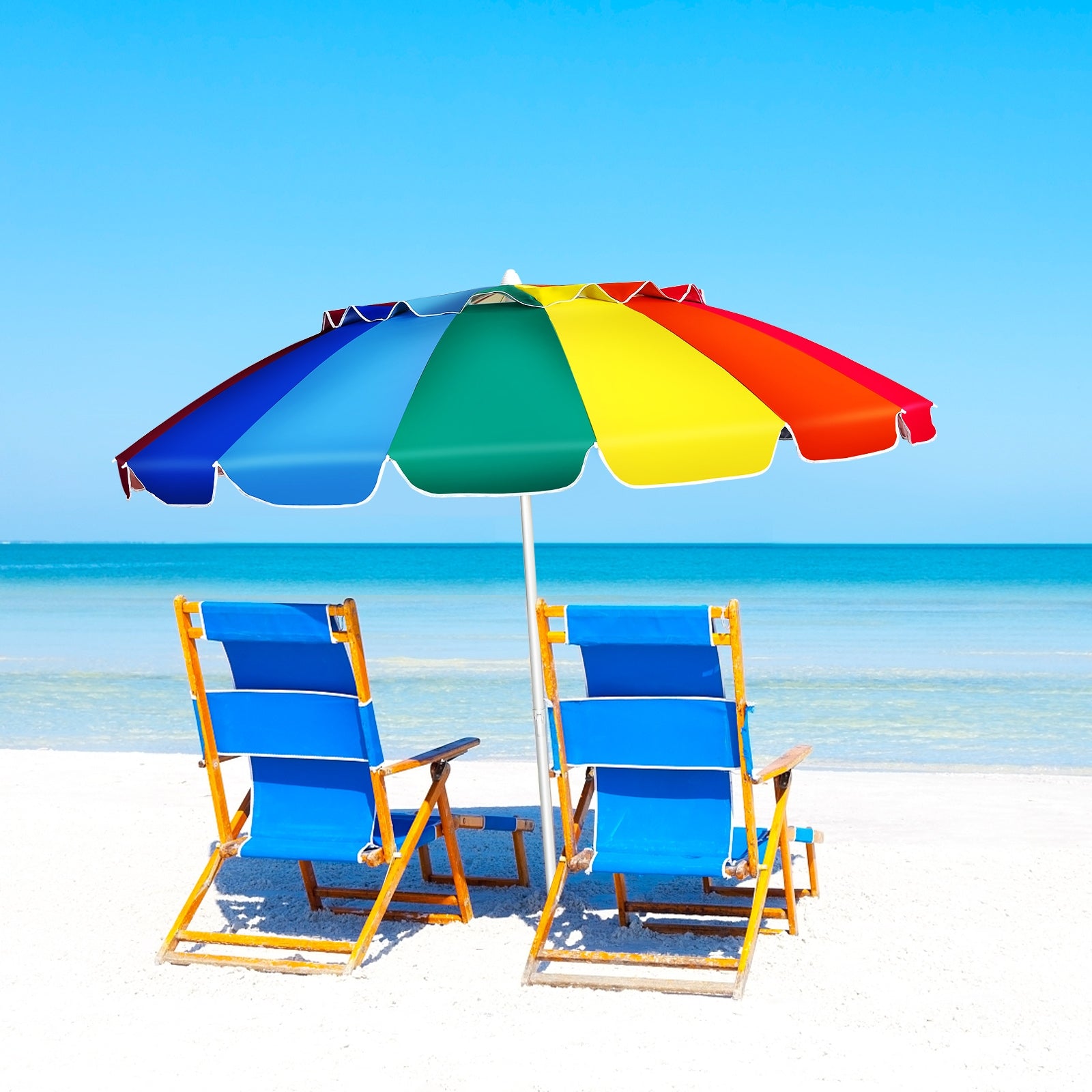 8FT Portable Beach Umbrella with Sand Anchor and Tilt Mechanism for Garden and Patio